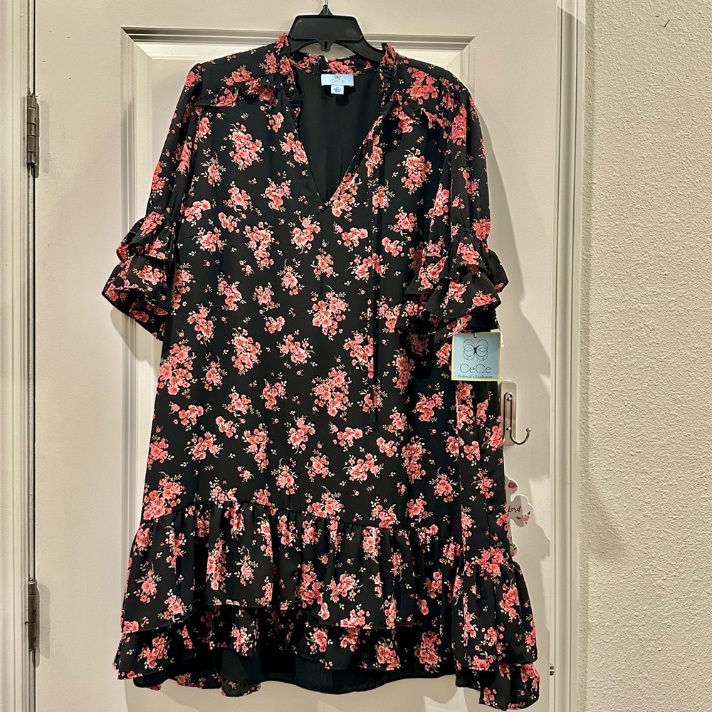 CeCe Black and Pink Floral Midi Dress